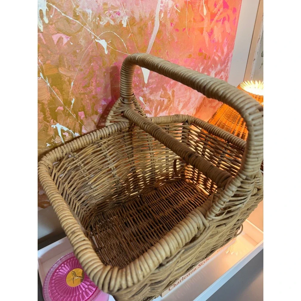 Handmade Wicker magazine Basket Tan Vintage Rustic Woven Rattan Storage Caddy